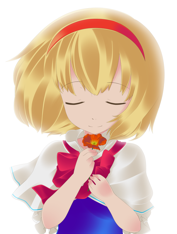 sugu maigo ninaru umumu, umumu (pilcre), alice margatroid, touhou, bad id, bad pixiv id, 1girl, blonde hair, closed eyes, female focus, flower, hairband, short hair, smelling, smelling flower, smile, solo, split mouth