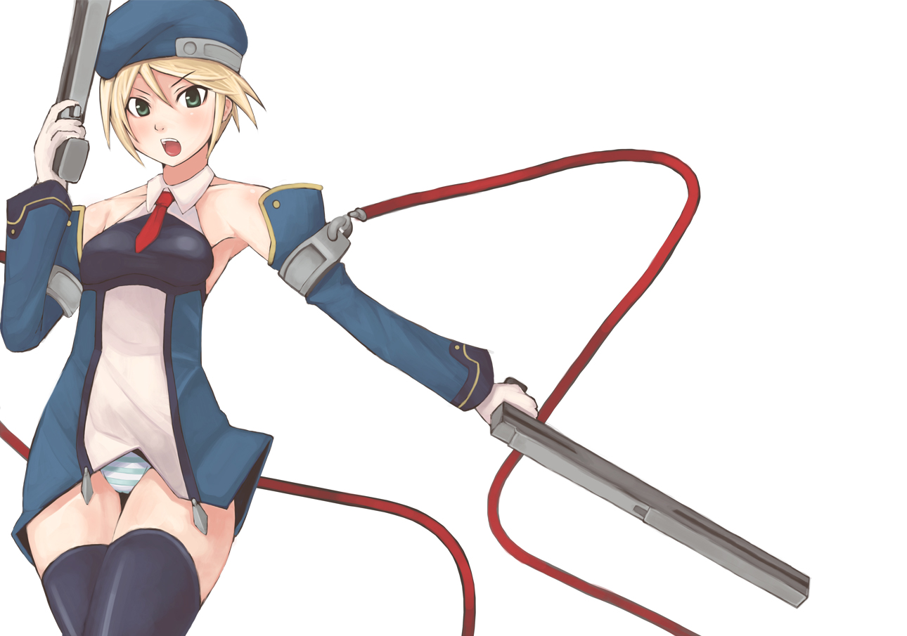 souzan kurasuke, noel vermillion, arc system works, blazblue, 1girl, beret, blonde hair, detached sleeves, dress, dual wielding, female focus, gloves, green eyes, gun, handgun, hands on own hips, hat, holding, necktie, panties, pantyshot, short dress, short hair, solo, striped clothes, striped panties, thighhighs, underwear, weapon, zettai ryouiki