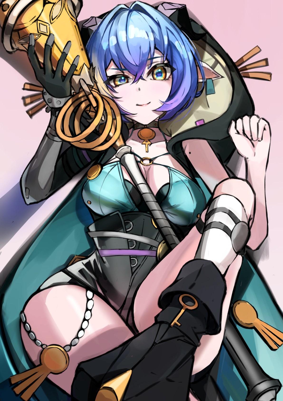 zenless zone zero, commentary request, highres, 1girl, animal ears, black gloves, black shoes, black unitard, blue hair, breasts, choker, cleavage, feet out of frame, gloves, goat ears, goat girl, goat horns, holding, holding staff, hood, hood down, horns, key, kneehighs, looking at viewer, lucia elowen, mole, mole on shoulder, pink background, pointy ears, raised eyebrow, shoes, simple background, socks, solo, staff, user yerf5583, white socks, yellow eyes