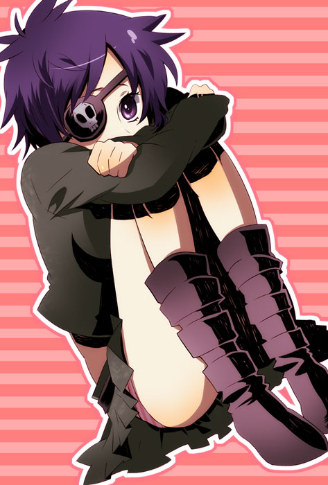 tako (takoyakill), takoyakill, chrome dokuro, katekyo hitman reborn!, 00s, 1girl, black boots, boots, buckle, covered mouth, eyepatch, female focus, miniskirt, outline, panties, pantyshot, purple eyes, purple hair, red background, short hair, simple background, sitting, skirt, solo, striped clothes, striped panties, underwear