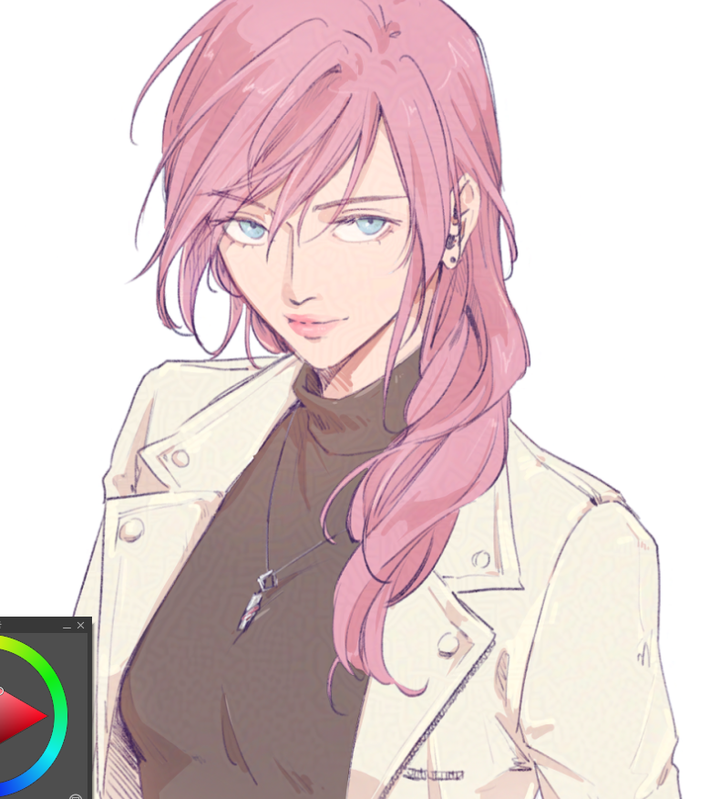 hoj duck, lightning farron, dissidia final fantasy, final fantasy, final fantasy xiii, art program in frame, blue eyes, breasts, brown sweater, closed mouth, dissidia duellum final fantasy, earrings, hair between eyes, hair over shoulder, jacket, jewelry, light smile, medium breasts, necklace, official alternate costume, pink hair, pink lips, single sidelock, sweater, turtleneck, turtleneck sweater, upper body, white background, white jacket