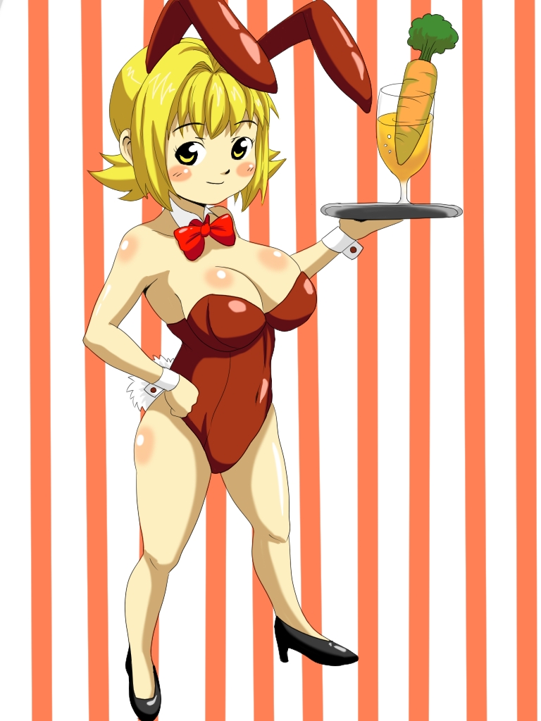 narie ken, original, bad id, bad pixiv id, 1girl, animal ears, bare legs, blonde hair, carrot, chalice, cup, fake animal ears, female focus, high heels, playboy bunny, rabbit ears, shoes, short hair, solo, tray, yellow eyes