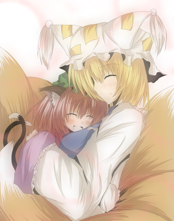 ram hachimin, chen, yakumo ran, touhou, 2girls, ^ ^, animal ears, animal hat, cat ears, cat girl, cat tail, closed eyes, female focus, fox ears, fox tail, hat, hug, kitsune, kyuubi, long sleeves, mob cap, multiple girls, multiple tails, short hair, smile, tail, tassel, wide sleeves