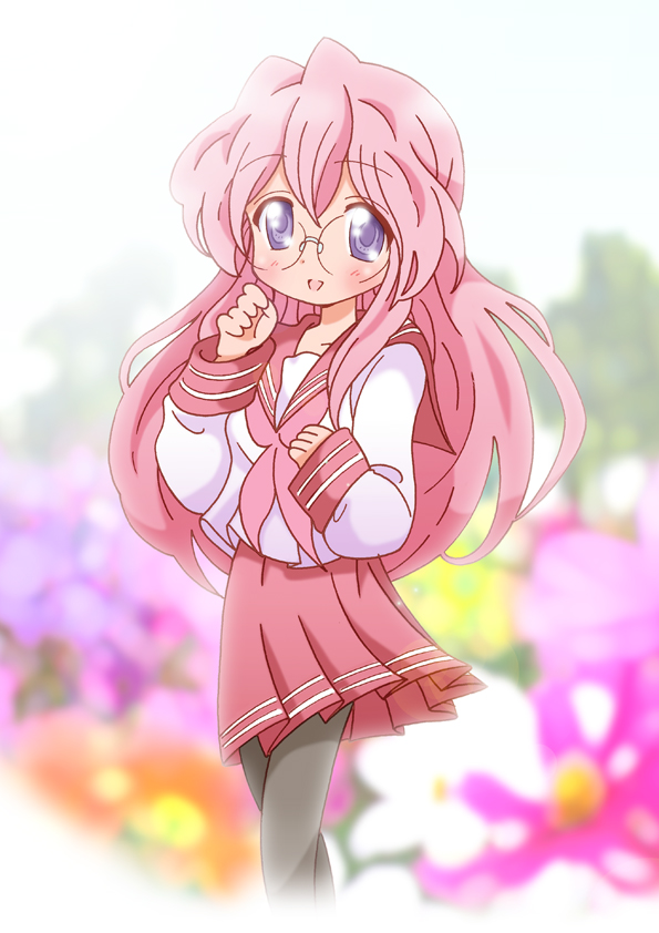 yamasaki wataru, takara miyuki, lucky star, 00s, glasses, long hair, pantyhose, pink hair, purple eyes, school uniform, serafuku, solo