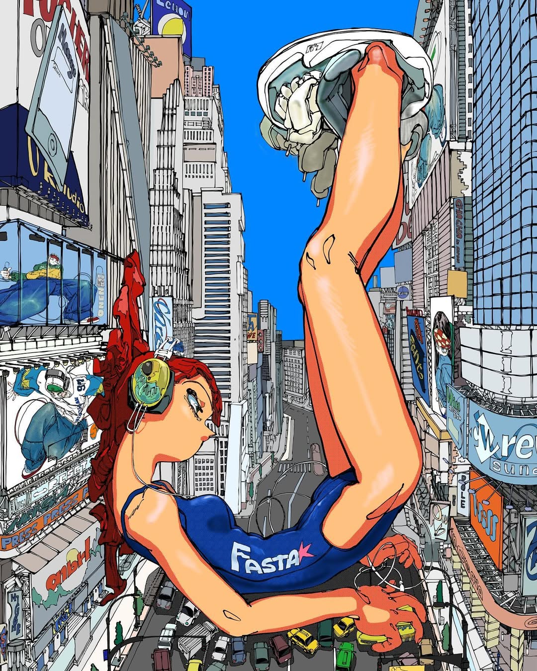 original, commentary request, highres, korean commentary, 1girl, blue one-piece swimsuit, blue sky, building, cha. cha., city, full body, giant, giantess, headset, legs up, lying, on back, one-piece swimsuit, outdoors, red hair, road, shoes, sky, skyscraper, sneakers, solo, street, swimsuit, traffic light, utility pole