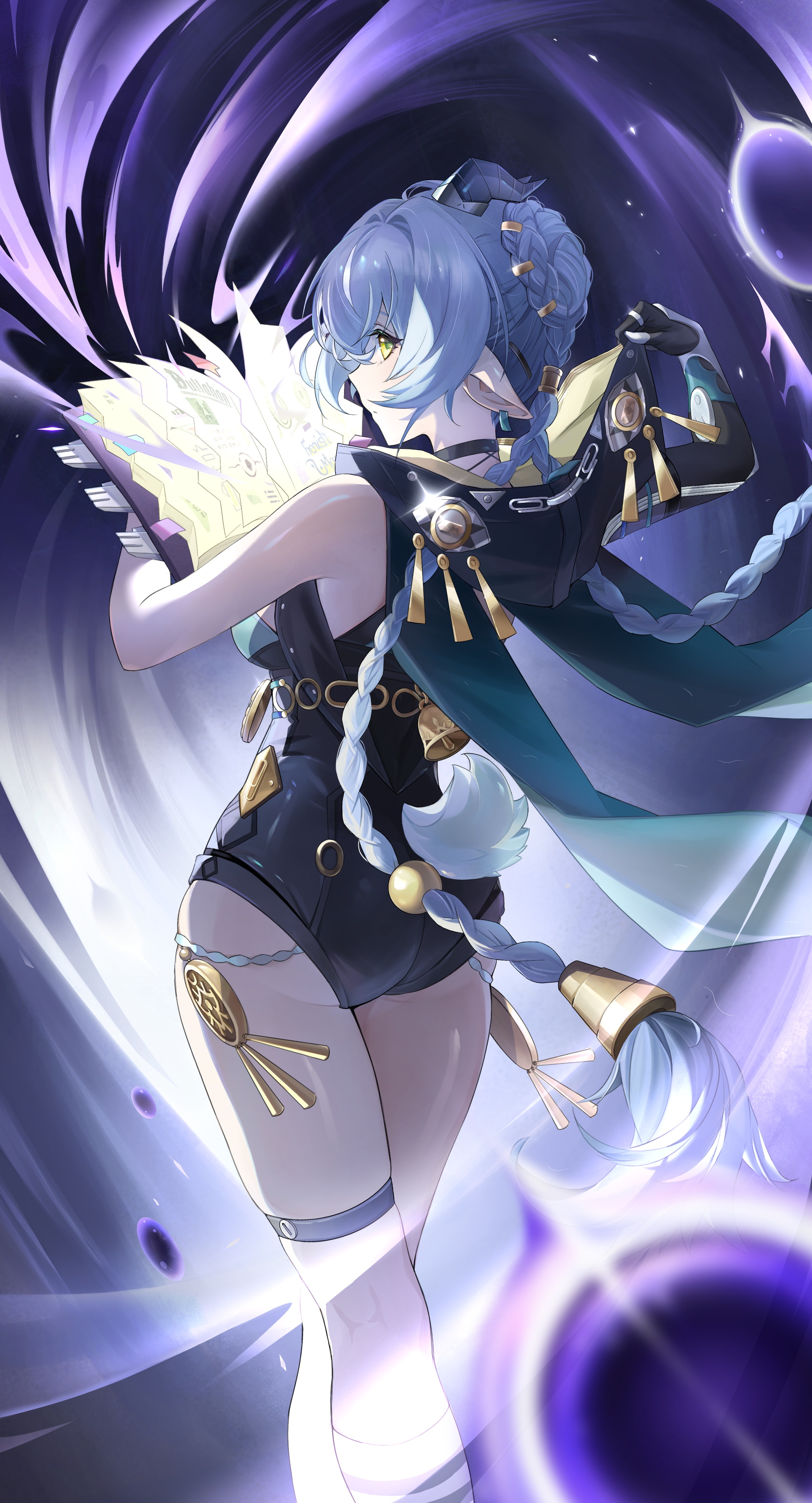 qingkefu yixia, zenless zone zero, absurdres, commentary, highres, 1girl, animal ears, ass, bare shoulders, black gloves, black unitard, blue hair, book, braid, breasts, feet out of frame, gloves, goat ears, goat girl, goat horns, goat tail, green eyes, holding, holding book, holding hood, horns, long hair, looking at viewer, lucia elowen, open book, pointy ears, solo, standing, tail, thigh strap, yellow eyes