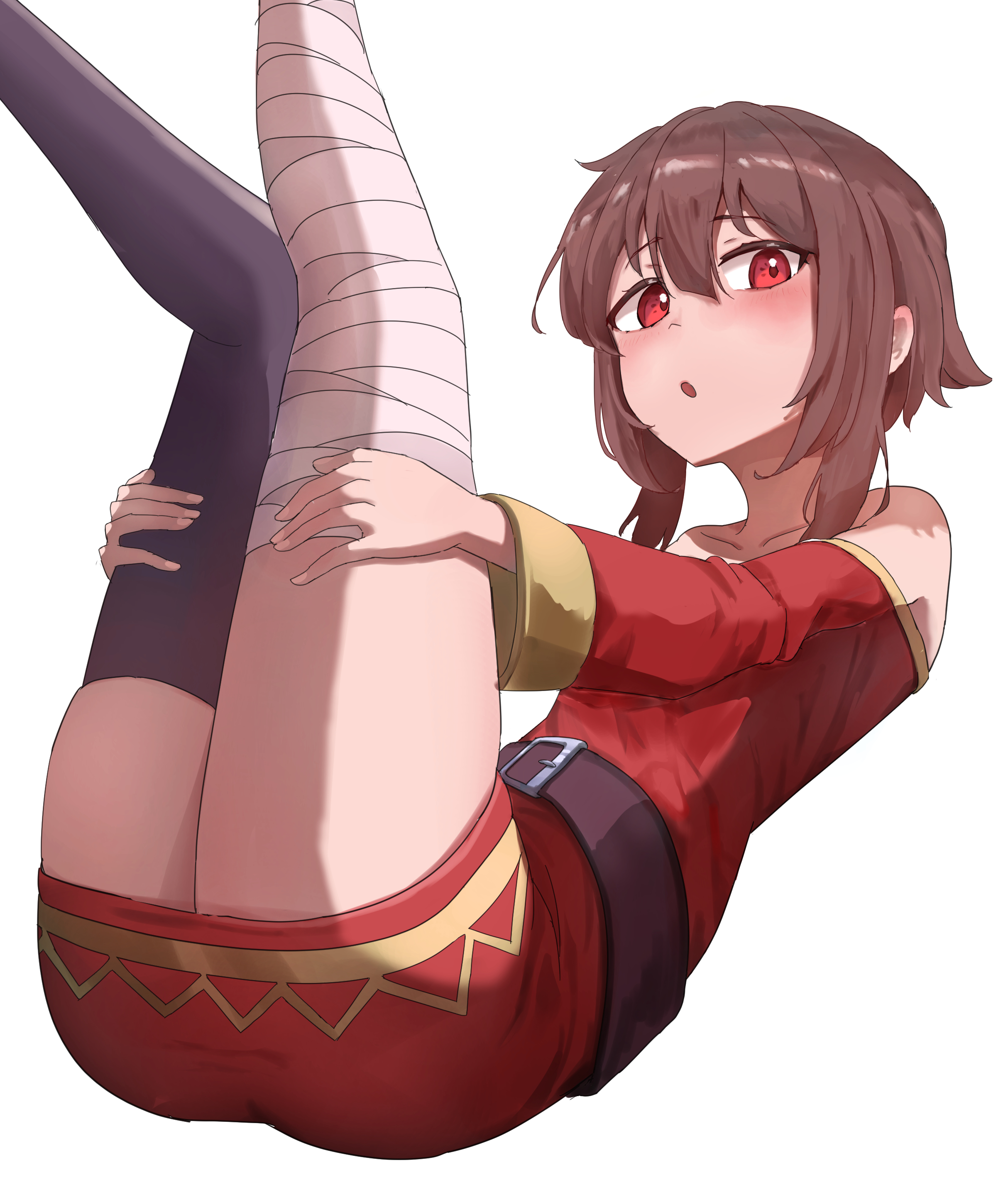 shiraiyu, megumin, kono subarashii sekai ni shukufuku wo!, absurdres, commentary, highres, 1girl, :o, bandaged leg, bandages, bare shoulders, belt, black belt, black thighhighs, blunt bangs, blush, brown hair, collarbone, dress, feet out of frame, hair between eyes, hugging own legs, knees together feet apart, legs up, long sleeves, looking at viewer, lying, no headwear, off-shoulder dress, off shoulder, on back, open mouth, red dress, red eyes, short dress, short hair with long locks, simple background, single thighhigh, solo, thighhighs, thighs, white background, wide sleeves, zettai ryouiki
