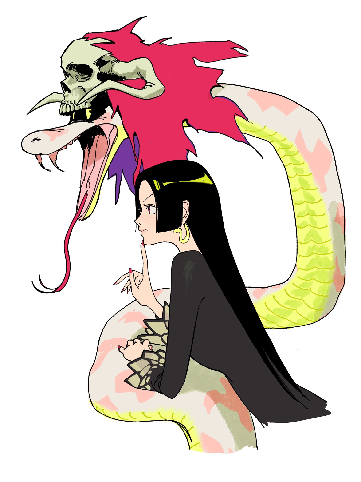 edpan, boa hancock, salome (one piece), one piece, highres, 1girl, black hair, earrings, forked tongue, jewelry, long hair, simple background, skull, skull on head, snake, snake earrings, tongue, white background