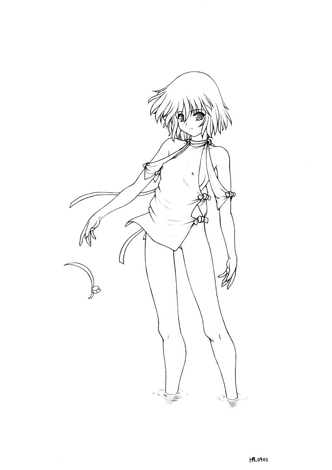 harumachi nagaaki, ren (fragile), fragile, fragile: sayonara tsuki no haikyo, highres, jpeg artifacts, 1girl, breasts, covered erect nipples, female focus, flat chest, full body, greyscale, lineart, monochrome, no panties, short hair, sideboob, small breasts, solo, standing