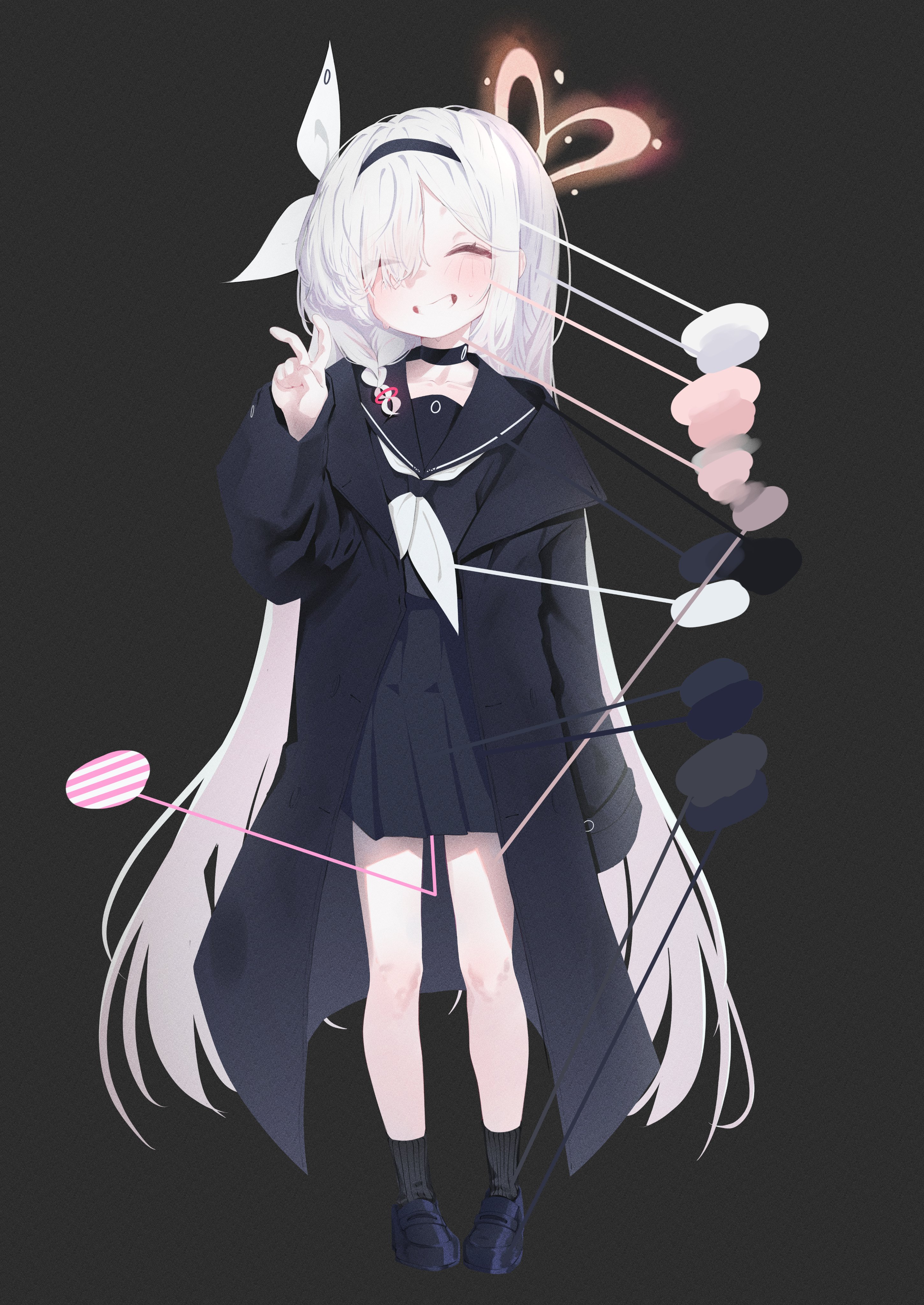 sharp to sharp, plana (blue archive), blue archive, absurdres, commentary, english commentary, highres, 1girl, black background, black choker, black hairband, black jacket, black sailor collar, black shirt, black shoes, black skirt, bow, choker, closed eyes, collarbone, color guide, full body, gradient hair, grey hair, grin, hair bow, hairband, halo, head tilt, heart, heart halo, high-waist skirt, implied pantyshot, jacket, loafers, long hair, multicolored hair, neckerchief, open clothes, open jacket, pink hair, pink halo, pleated skirt, sailor collar, school uniform, serafuku, shirt, shoes, simple background, skirt, smile, solo, teeth, v, very long hair, white bow, white neckerchief