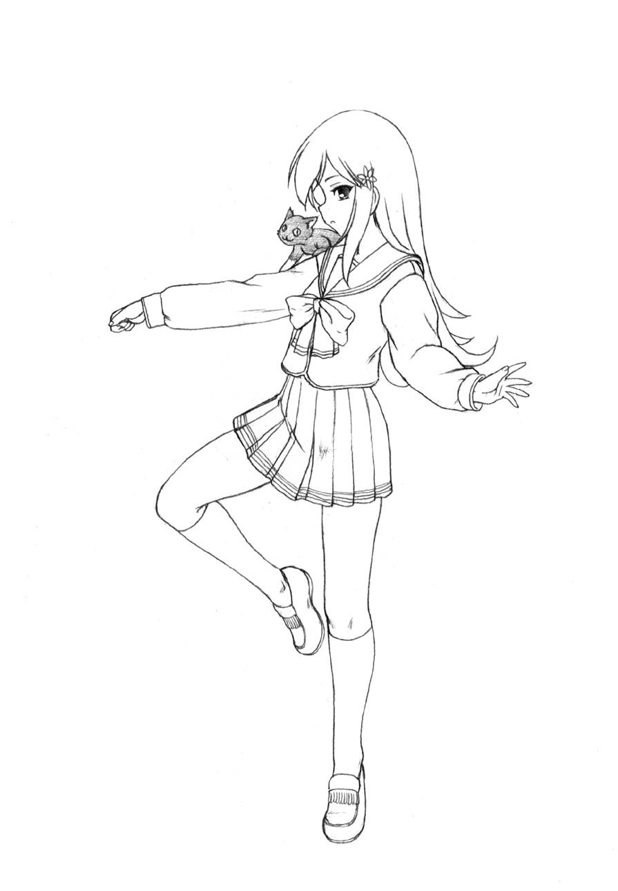 harumachi nagaaki, lucy maria misora, to heart (series), to heart 2, bad id, bad pixiv id, highres, 00s, 1girl, cat, female focus, full body, greyscale, legs, lineart, monochrome, school uniform, serafuku, solo, standing