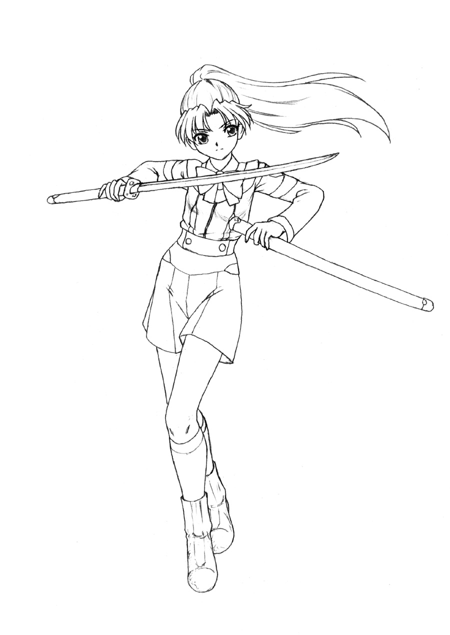 harumachi nagaaki, shibamura mai, gunparade march, bad id, bad pixiv id, highres, 00s, 1girl, female focus, full body, greyscale, lineart, monochrome, ponytail, school uniform, skirt, solo, standing, sword, weapon