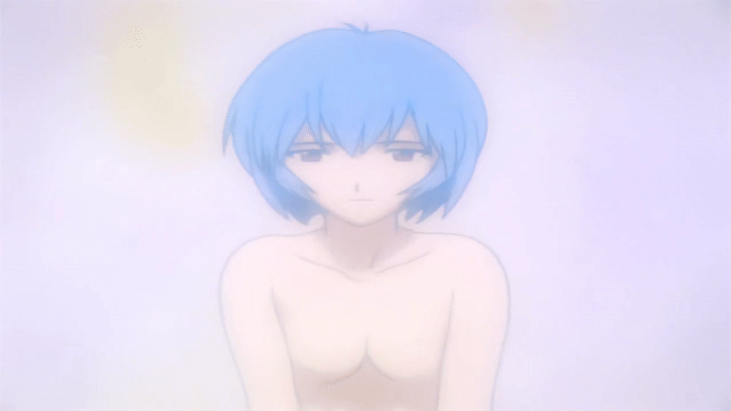 ayanami rei, neon genesis evangelion, animated, animated gif, anime screenshot, 1girl, blue hair, breasts, collarbone, completely nude, looking at viewer, no nipples, nude, red eyes, short hair, small breasts, smile, solo