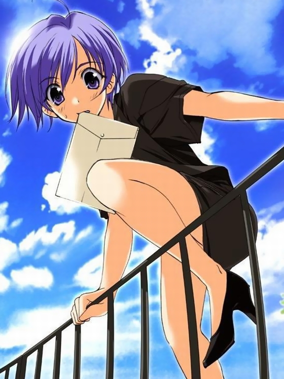 sasaki mutsumi, gokajo satsuki, gokajou satsuki, happy lesson, cropped, jpeg artifacts, non-web source, 00s, 1girl, blue eyes, blue hair, cloud, day, envelope, female focus, fence, manila envelope, matching hair/eyes, mouth hold, short hair, sky, solo, straddling