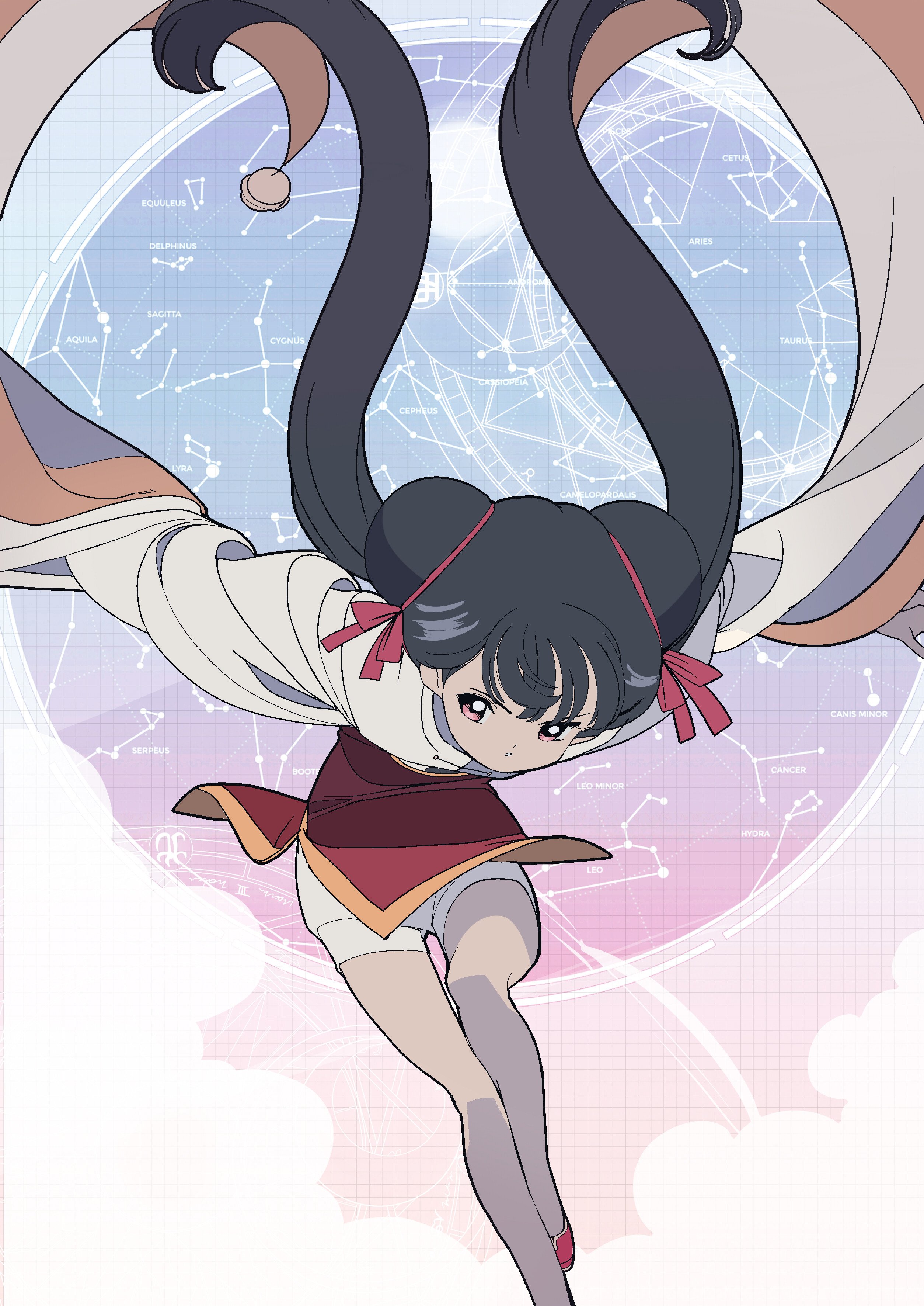edoya inuhachi, li meiling, cardcaptor sakura, absurdres, highres, 1girl, andromeda (constellation), aquila (constellation), aries (constellation), bare legs, black hair, camelopardalis (constellation), cancer (constellation), canis minor (constellation), cassiopeia (constellation), cepheus (constellation), cetus (constellation), china dress, chinese clothes, constellation, corona borealis (constellation), cygnus (constellation), delphinus (constellation), double bun, dress, equuleus (constellation), floating hair, hair bun, hair floating upwards, hydra (constellation), leo (constellation), leo minor (constellation), long hair, looking at viewer, lyra (constellation), outstretched arms, pegasus (constellation), pisces (constellation), sagitta (constellation), serpens (constellation), solo, spread arms, star map, taurus (constellation), taurus (symbol), very long hair, vulpecula (constellation), wide sleeves