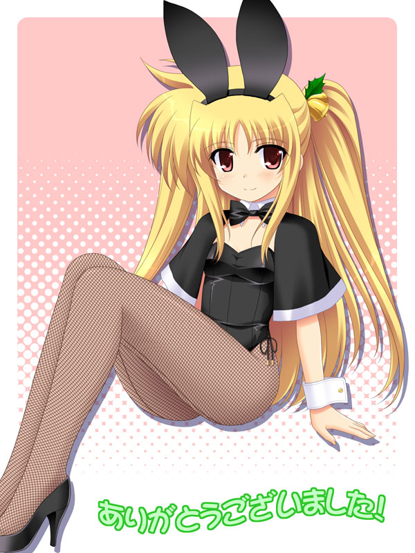 masakichi (crossroad), fate testarossa, lyrical nanoha, mahou shoujo lyrical nanoha, mahou shoujo lyrical nanoha a's, 00s, 1girl, animal ears, bell, black shoes, blonde hair, blush, capelet, christmas, detached collar, fake animal ears, female focus, fishnet pantyhose, fishnets, hair bell, hair ornament, halftone, halftone background, high heels, looking at viewer, pantyhose, playboy bunny, rabbit ears, red eyes, shoes, smile, solo, twintails, wrist cuffs
