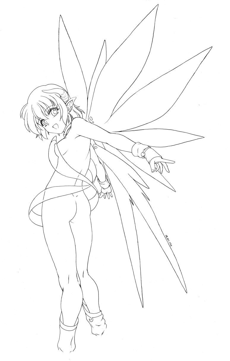 harumachi nagaaki, original, highres, unfinished, 1girl, ass, breasts, fairy, female focus, full body, greyscale, horns, lineart, monochrome, nipples, nude, pointy ears, small breasts, smile, solo, standing, wings