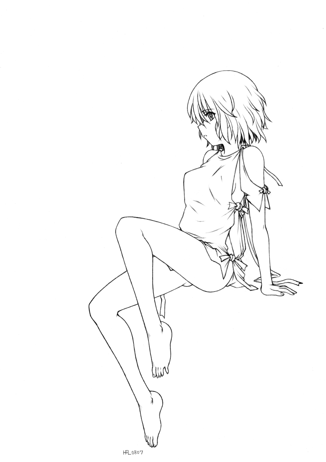 harumachi nagaaki, ren (fragile), fragile, fragile: sayonara tsuki no haikyo, highres, 1girl, barefoot, clothing cutout, feet, female focus, full body, greyscale, legs, monochrome, no panties, short hair, shoulder cutout, solo