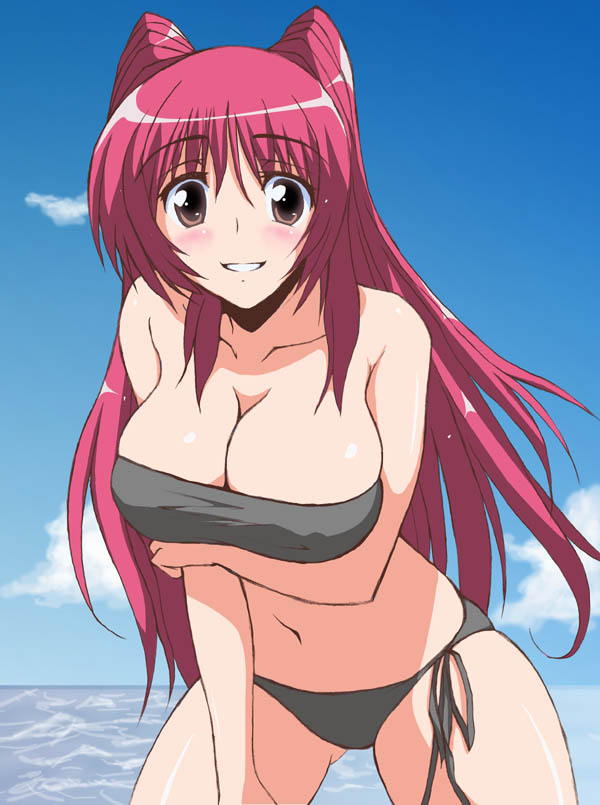 tekuni amane, kousaka tamaki, to heart (series), to heart 2, breast hold, 00s, 1girl, bare arms, bare legs, bare shoulders, beach, bikini, black bikini, blush, breasts, brown eyes, cleavage, cloud, collarbone, day, eyebrows hidden by hair, eyes visible through hair, female focus, grin, hair between eyes, large breasts, leaning, leaning forward, long hair, looking at viewer, midriff, navel, ocean, outdoors, red hair, side-tie bikini bottom, sky, smile, solo, standing, straight hair, strapless, strapless bikini, swimsuit, thick thighs, thighs, twintails, very long hair, water
