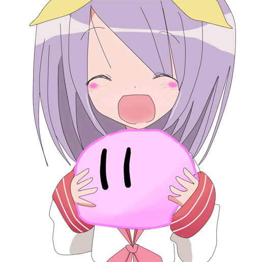 rakisana, hiiragi tsukasa, clannad, dango daikazoku, lucky star, bad id, bad pixiv id, 1girl, closed eyes, company connection, crossover, dango, female focus, food, open mouth, parody, purple hair, school uniform, serafuku, short hair, solo, wagashi