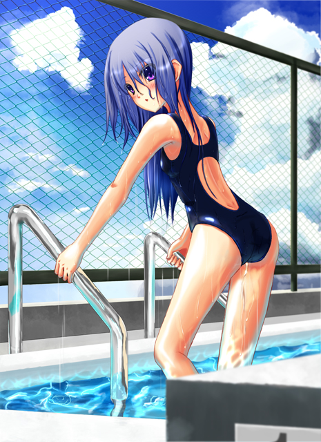 asakura ryou (artist), hino minato (spec.c), original, 1girl, ass, blue hair, chain-link fence, cloud, competition swimsuit, day, female focus, fence, long hair, looking back, one-piece swimsuit, pool, pool ladder, purple eyes, sky, solo, swimsuit, water, wet