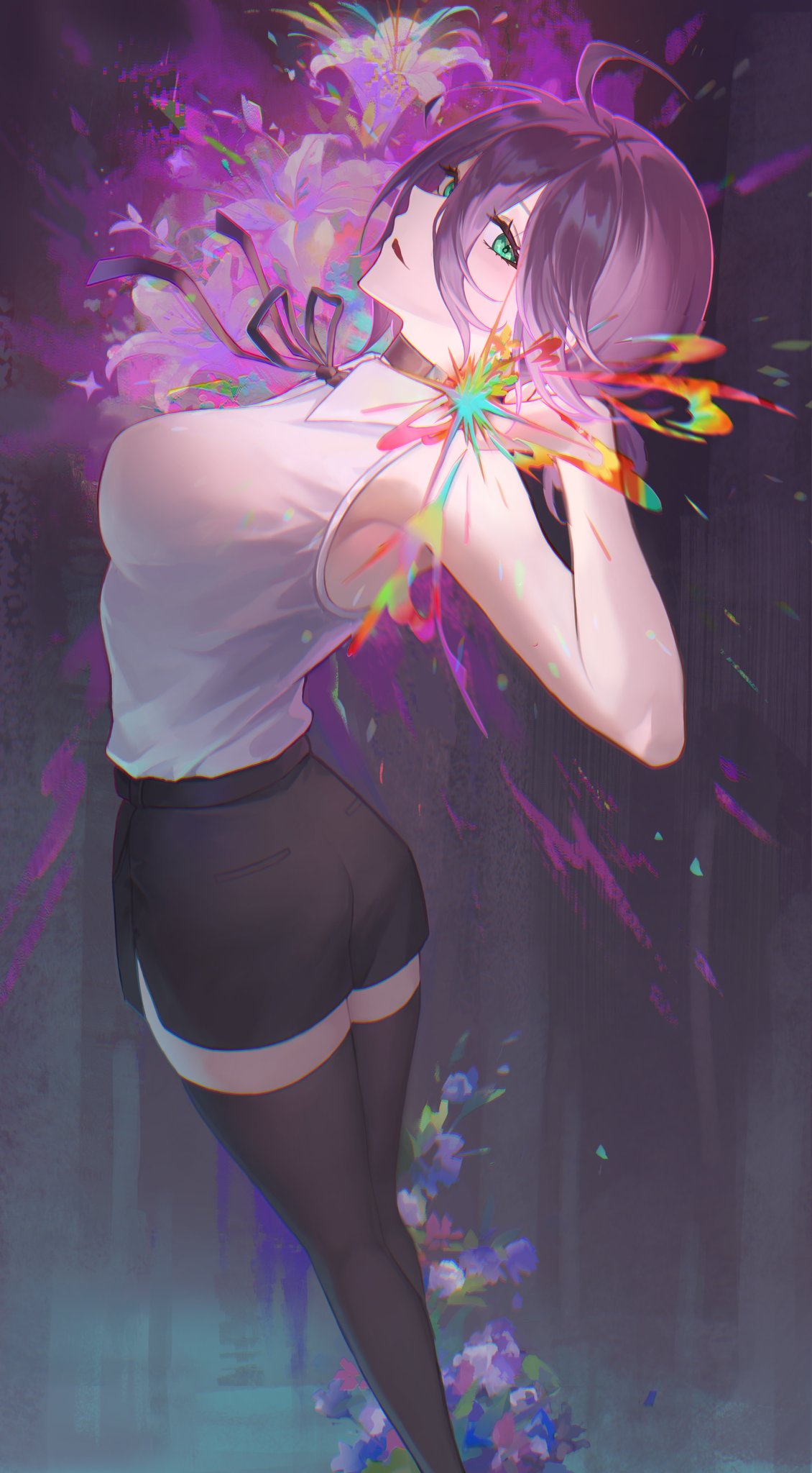 kama (kama ovo), reze (chainsaw man), chainsaw man, highres, 1girl, black choker, black ribbon, choker, grenade pin, hair between eyes, hair bun, imminent explosion, pull cord, ribbon, shirt, single hair bun, sleeveless, sleeveless shirt