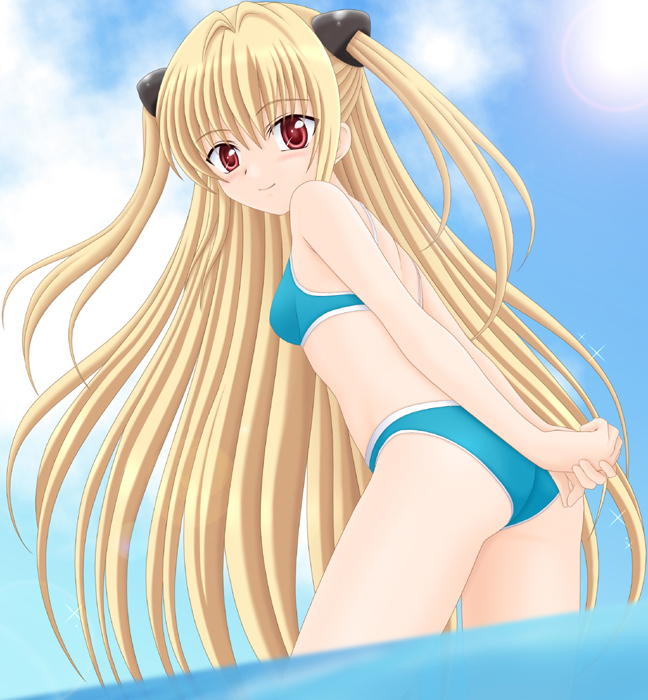 miracle!, konjiki no yami, to love-ru, 00s, 1girl, arms behind back, bikini, blonde hair, day, female focus, lens flare, long hair, red eyes, smile, solo, swimsuit, twintails, two side up, very long hair, wading, water