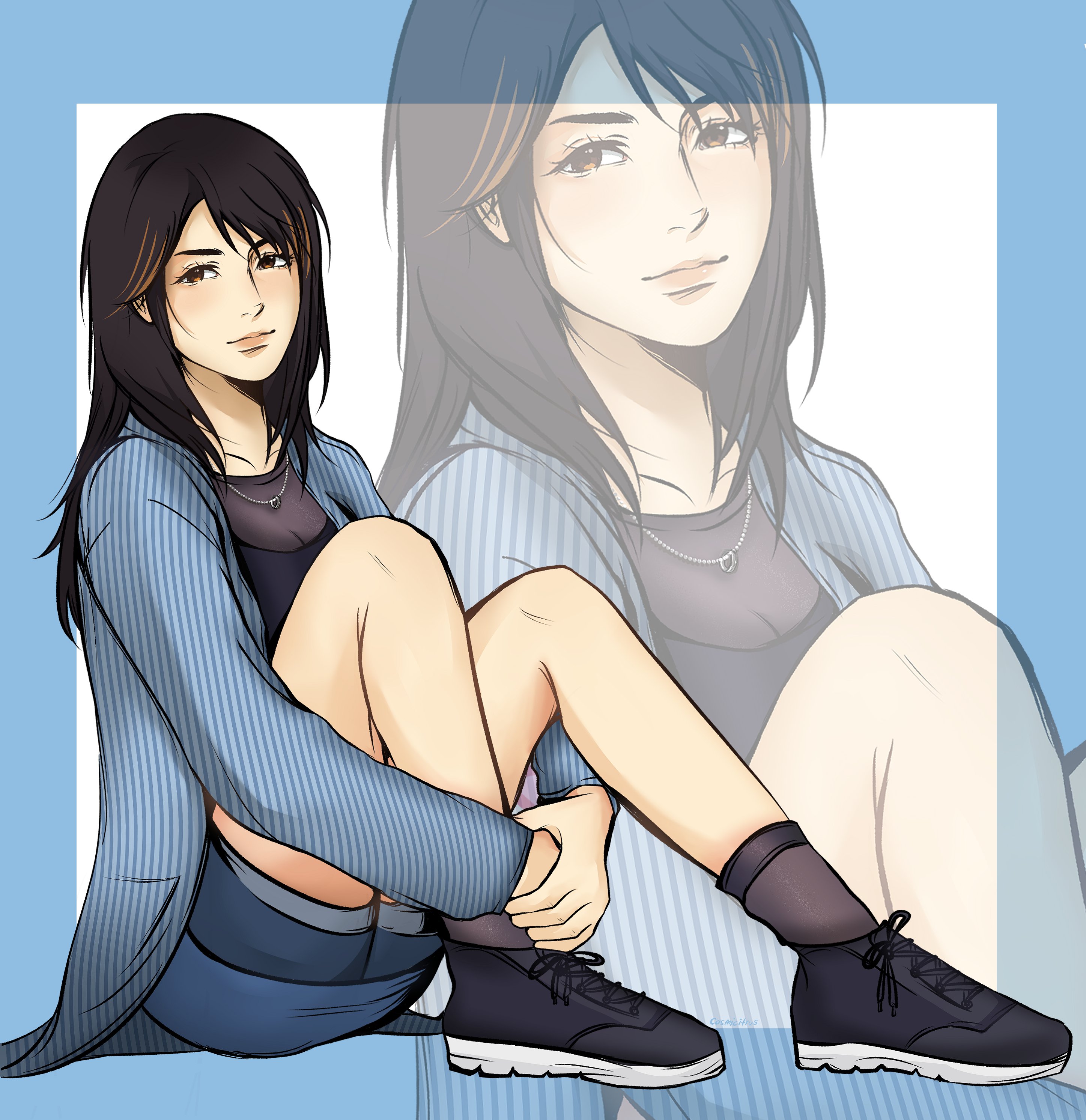 rinoa heartilly, dissidia final fantasy, final fantasy, final fantasy viii, absurdres, highres, 1girl, black hair, black shirt, black shoes, black socks, blue border, blue jacket, blue shorts, blue skirt, border, breasts, brown eyes, brown hair, cleavage, closed mouth, cosmicitrus, dissidia duellum final fantasy, full body, hugging own legs, jacket, jewelry, long hair, medium breasts, multicolored hair, necklace, official alternate costume, ring, ring necklace, shirt, shoes, shorts, shorts under skirt, sitting, skirt, sneakers, socks, streaked hair, white background