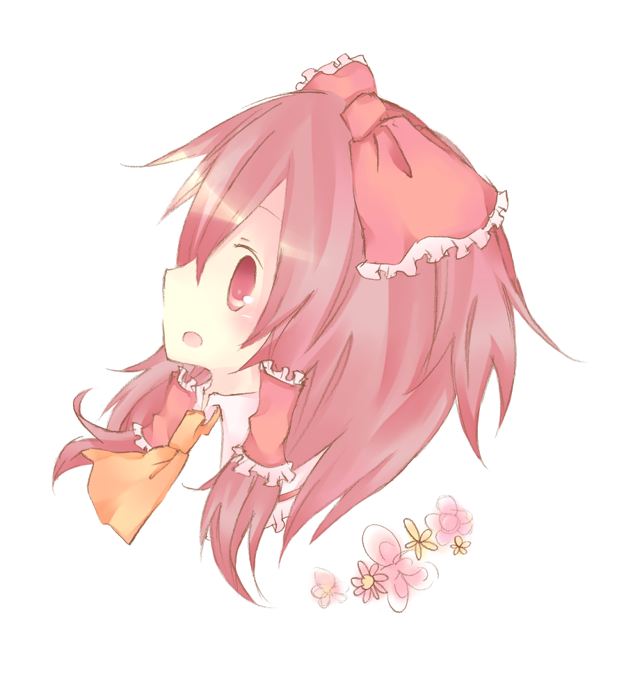 maimu (polka), hakurei reimu, touhou, bad id, bad pixiv id, 1girl, female focus, flower, plant, portrait, short hair, solo, white background