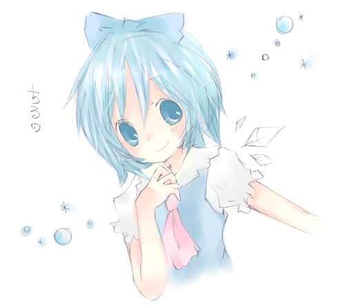 maimu (polka), cirno, embodiment of scarlet devil, touhou, bad id, bad pixiv id, lowres, 1girl, blue eyes, blue hair, female focus, matching hair/eyes, pale color, short hair, solo, upper body, white background, wings