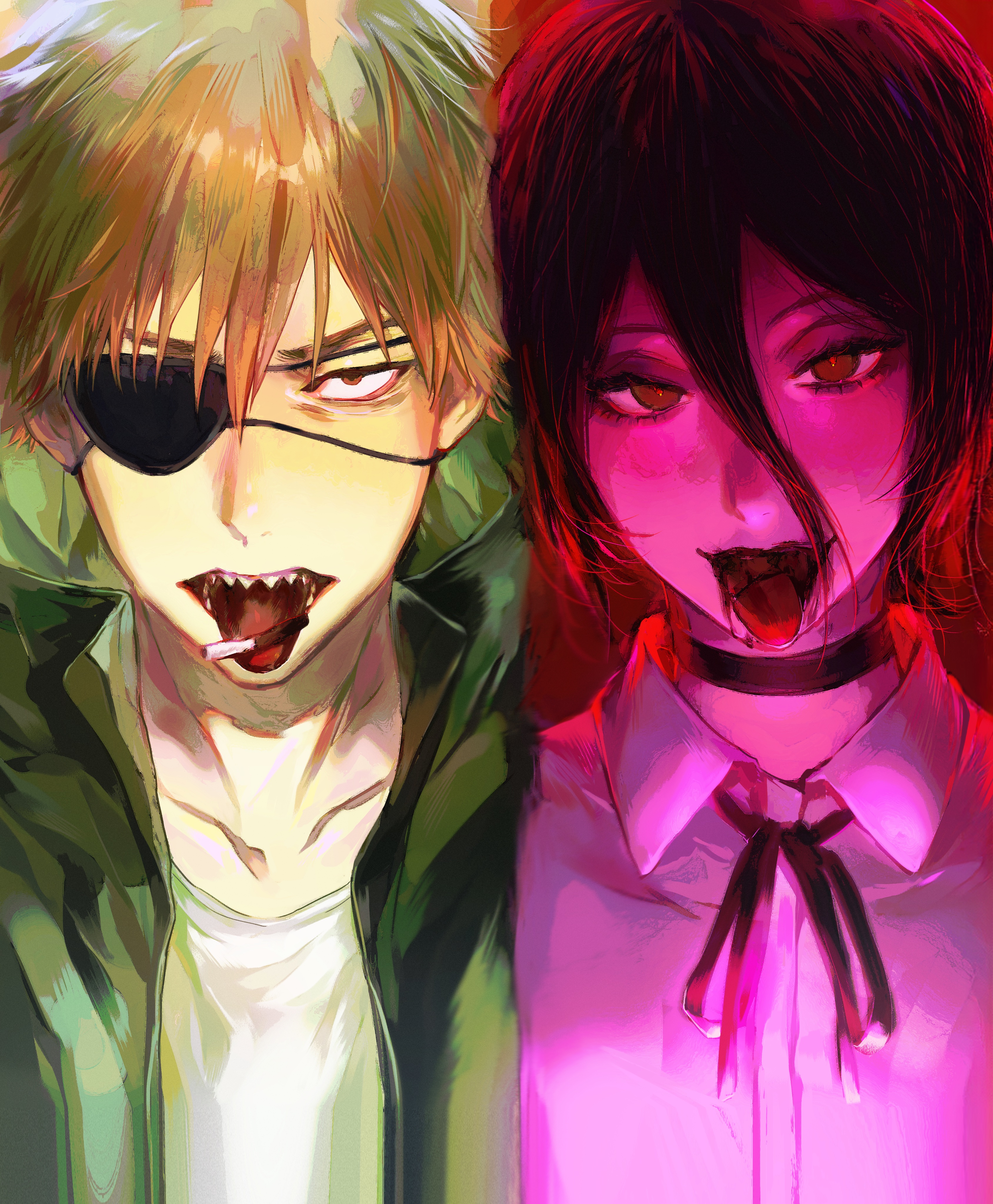 denji (chainsaw man), reze (chainsaw man), chainsaw man, absurdres, highres, 1boy, 1girl, black choker, black ribbon, blonde hair, carl 4, choker, cigarette, eyepatch, grenade pin, hair between eyes, jacket, pull cord, ribbon, shirt, sleeveless, sleeveless shirt, tongue, tongue out
