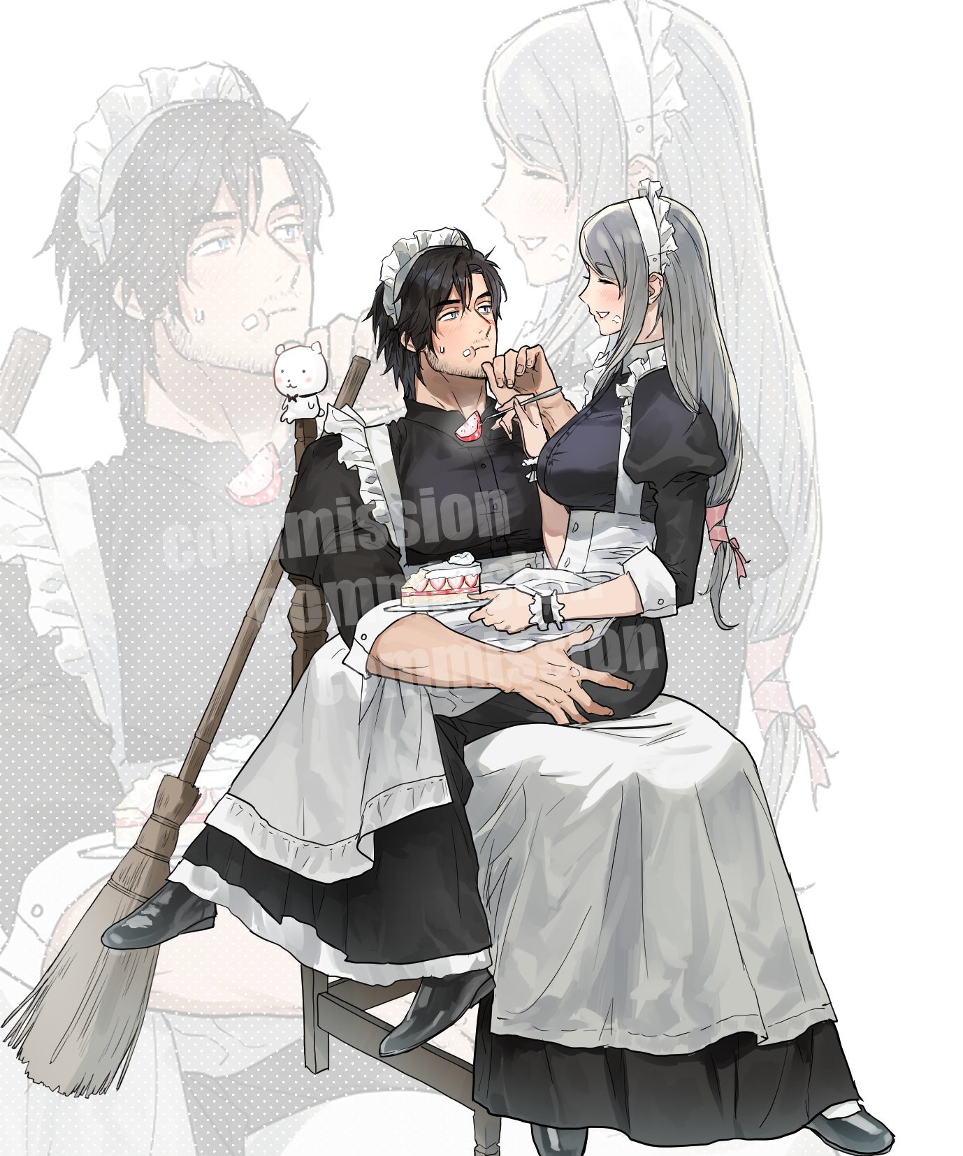 ziguck, clive rosfield, jill warrick, final fantasy, final fantasy xvi, highres, 1boy, 1girl, apron, beard stubble, black dress, black hair, black shoes, breasts, broom, cake, chair, chewing, closed eyes, couple, crossdressing, crossdressing (mtf), dress, facial hair, feeding, food, food on face, fork, full body, grey hair, hair between eyes, hair ribbon, hetero, holding, holding cake, holding food, holding fork, holding plate, juliet sleeves, light blush, long dress, long hair, long sleeves, looking at another, low-tied long hair, maid, maid apron, maid headdress, medium breasts, parted lips, pink ribbon, plate, puffy sleeves, ribbon, shoes, short hair, sitting, sitting on lap, sitting on person, smile, stubble, underbust, wrist ribbon