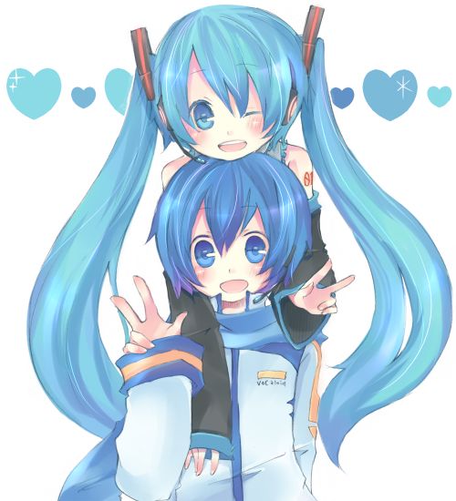 maimu (polka), hatsune miku, kaito (vocaloid), vocaloid, bad id, bad pixiv id, aged down, aqua eyes, aqua hair, blue eyes, blue hair, detached sleeves, headphones, headset, long hair, microphone, short hair, twintails, v, very long hair, wink