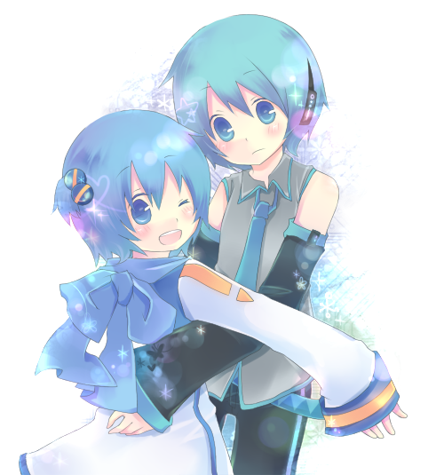 maimu (polka), hatsune mikuo, kaiko (vocaloid), vocaloid, bad id, bad pixiv id, 1boy, 1girl, aged down, aqua eyes, aqua hair, blouse, blue eyes, blue hair, blue scarf, bow, collared shirt, detached sleeves, genderswap, genderswap (ftm), genderswap (mtf), grey shirt, headphones, necktie, one eye closed, scarf, shirt, short hair, sleeveless, sleeveless shirt, wink