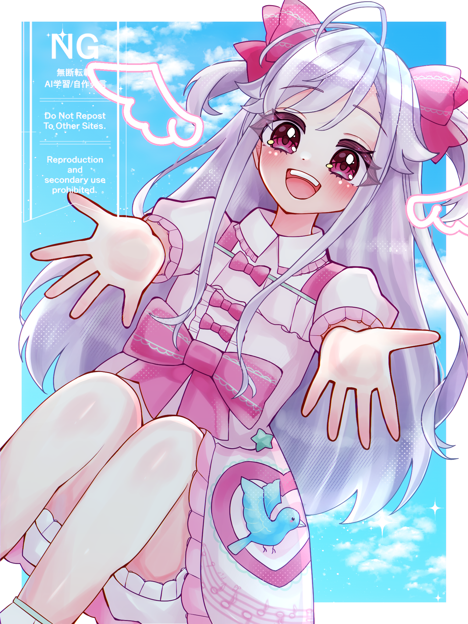 niizuma yae, world dai star, highres, 1girl, :d, ahoge, bloomers, bow, hair bow, long hair, looking at viewer, open mouth, outstretched arms, outstretched hand, pink bow, puffy sleeves, reaching, reaching towards viewer, red eyes, smile, solo, underwear, watermark, yuduairi