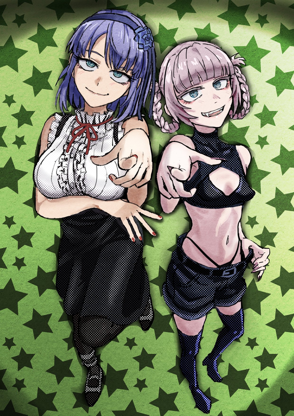 reiquant, nanakusa nazuna (yofukashi no uta), shidare hotaru, dagashi kashi, yofukashi no uta, highres, bare shoulders, belly, blue eyes, breasts, fang, flower, hair flower, hair ornament, large breasts, looking at viewer, purple hair, shirt, shirt tucked in, shorts, skirt