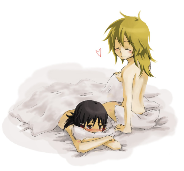 kuroda (artist), kuroda (nanchara flight), kuroda (pixiv260283), hakurei reimu, kirisame marisa, touhou, bad id, bad pixiv id, 2girls, ^ ^, afterglow, aftersex, bed sheet, black hair, blanket, blonde hair, blush, closed eyes, couple, female focus, heart, hugging object, multiple girls, naked sheet, nude, pillow, pillow hug, smile, under covers, yuri