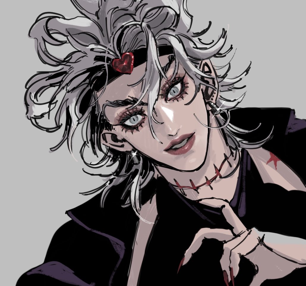 dio brando, jojo no kimyou na bouken, stardust crusaders, 1boy, birthmark, bishounen, earrings, eyelashes, fingernails, grey background, grey eyes, grey hair, heart headband, jewelry, joestar birthmark, llllll2b, long fingernails, male focus, medium hair, messy hair, portrait, red nails, slit pupils, solo, stitched neck, stitches