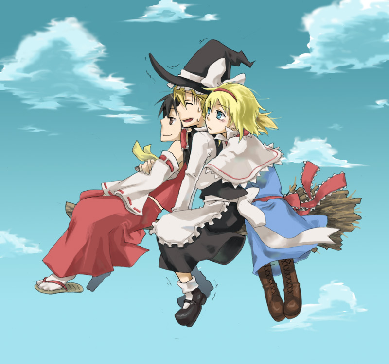 kuroda (artist), kuroda (nanchara flight), kuroda (pixiv260283), alice margatroid, hakurei reimu, kirisame marisa, touhou, bad id, bad pixiv id, 3girls, black hair, blonde hair, blue eyes, broom, broom riding, cloud, day, detached sleeves, female focus, girl sandwich, hairband, hat, hug, hug from behind, japanese clothes, miko, multiple girls, multiple riders, sandwiched, sarashi, sidesaddle, slippers, sweatdrop, trembling, witch, witch hat