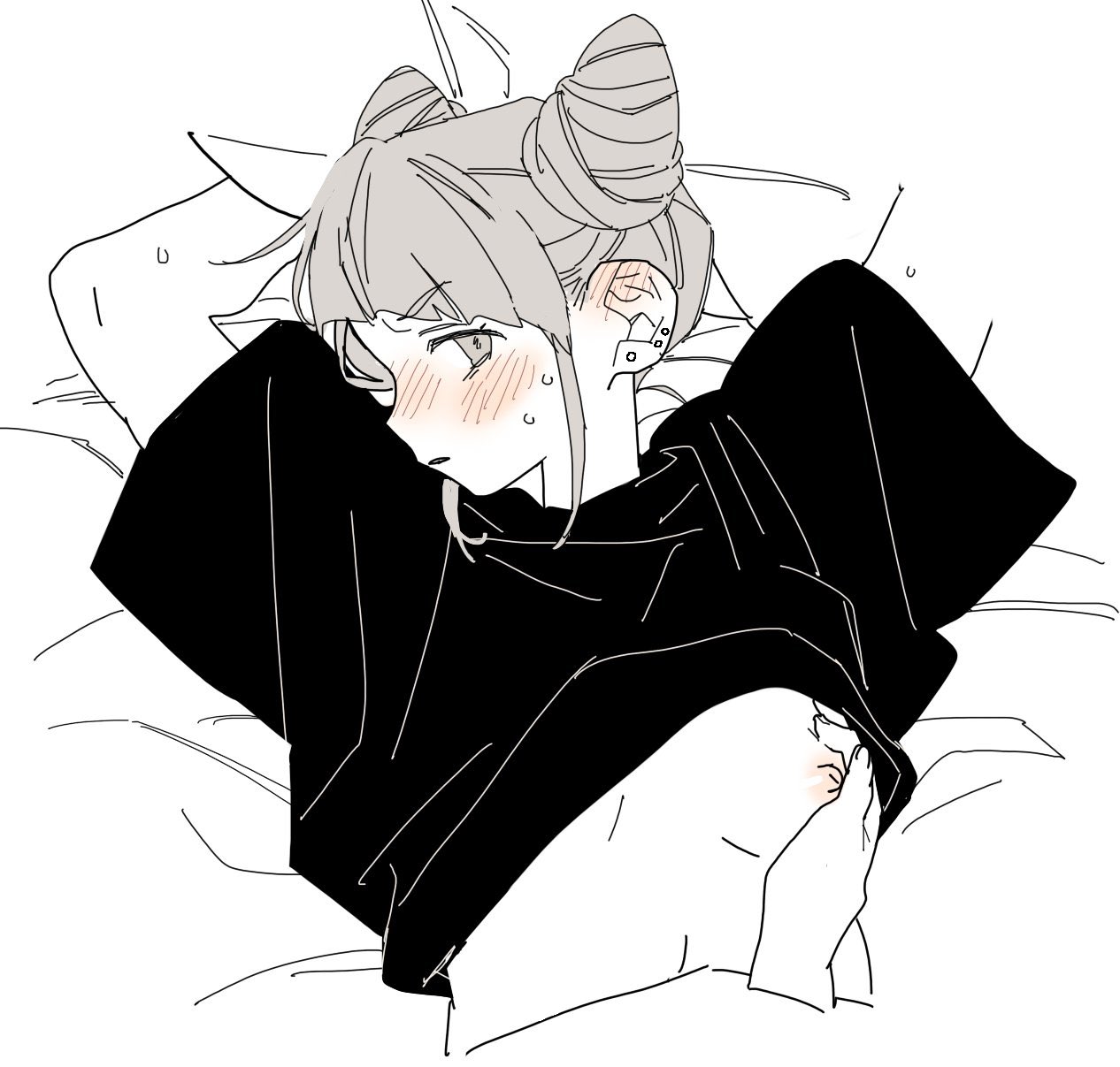 dayama, 1girl, 1other, black shirt, blush, breasts, clothes lift, hair horns, lying, on back, shirt, shirt lift, small breasts, sweat