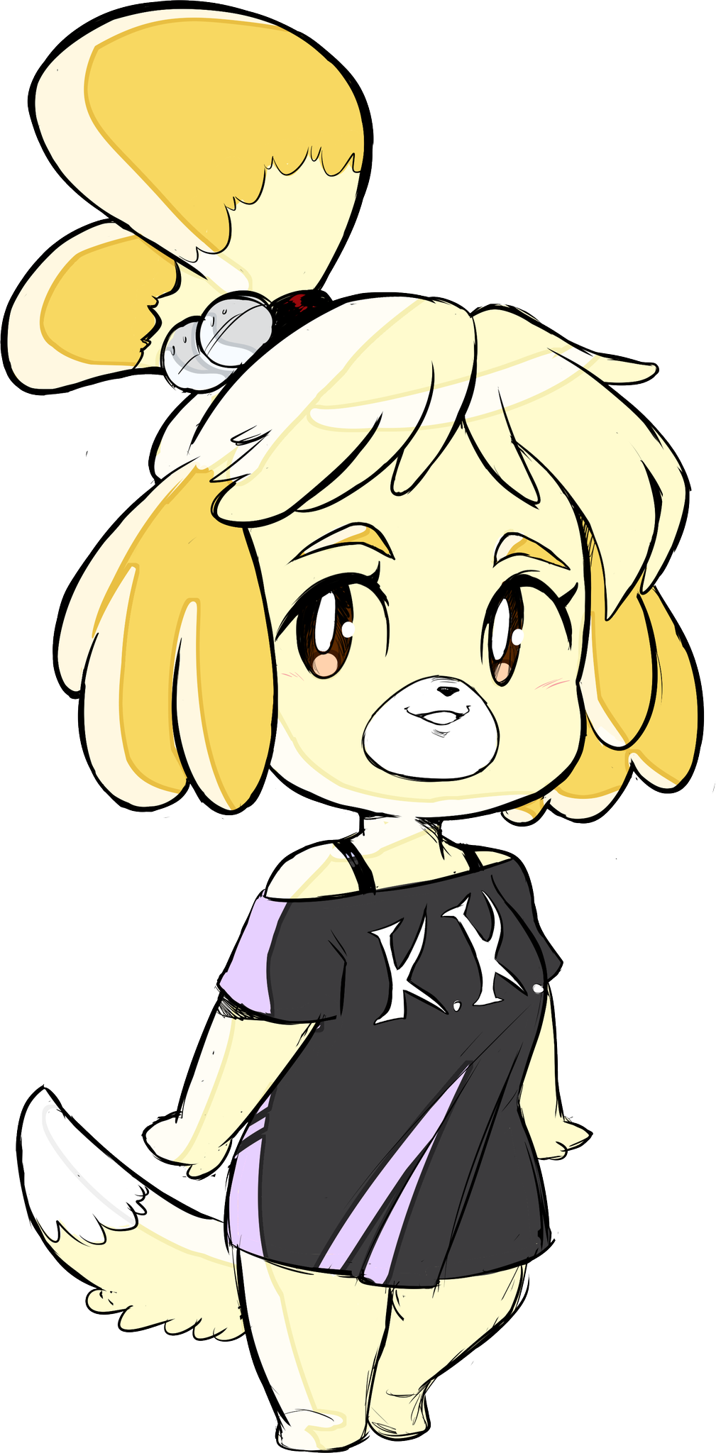 teevo, isabelle (animal crossing), animal crossing, nintendo, animal ears, bell, clothes writing, dog ears, dog girl, dog tail, green eyes, looking at viewer, ponytail, shirt, sketch, t-shirt, tail, transparent background