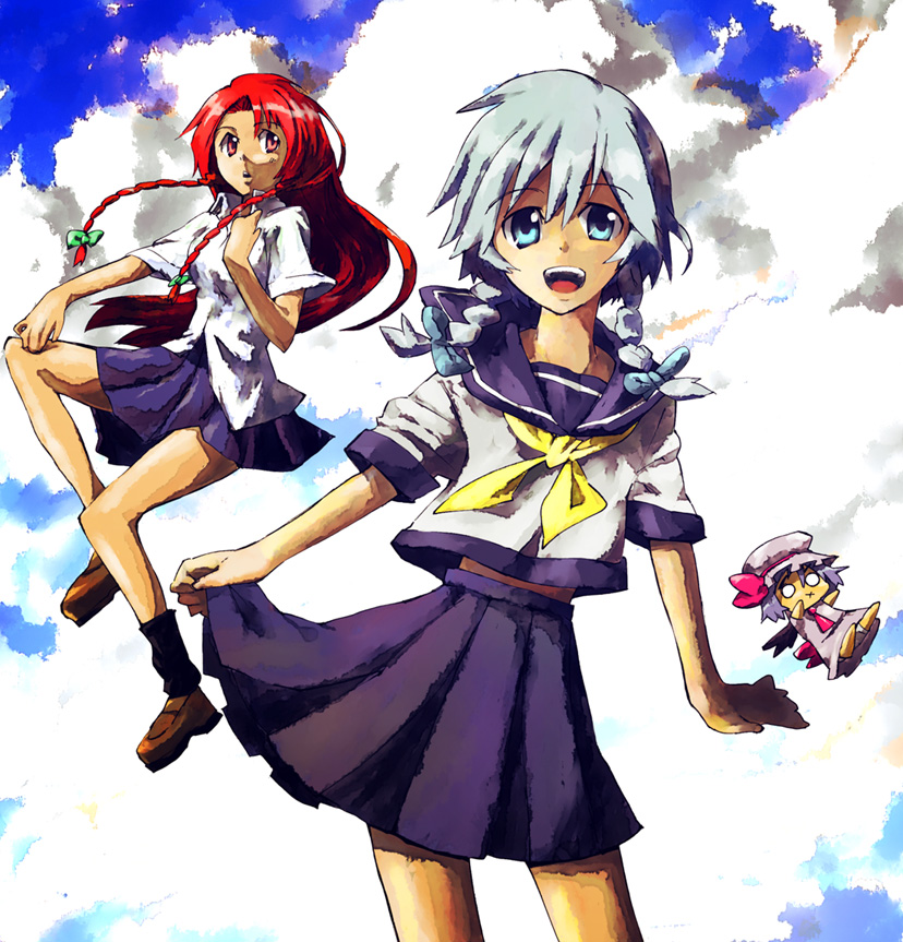 lefthand, ogawa maiko, hong meiling, izayoi sakuya, remilia scarlet, touhou, silver hair, bad id, bad pixiv id, colorized, 2girls, aged down, alternate costume, blue eyes, braid, chibi, female focus, hat, long hair, multiple girls, red eyes, red hair, ribbon, school uniform, short hair, twin braids, x mouth