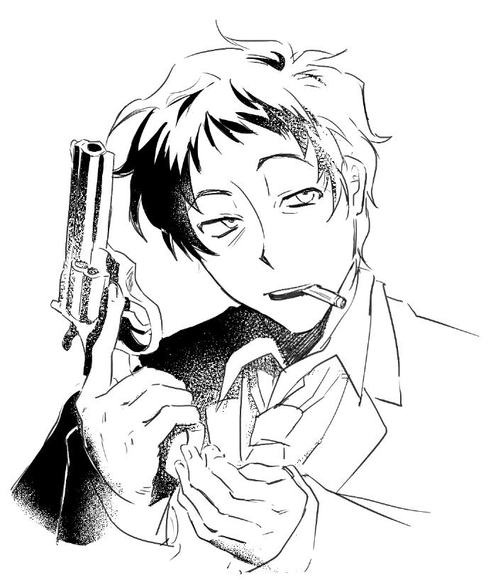 nailtoo, adachi tooru, persona, persona 4, chinese commentary, commentary request, 1boy, collared shirt, greyscale, gun, handgun, holding, holding gun, holding weapon, long sleeves, looking to the side, male focus, monochrome, mouth hold, necktie, open mouth, revolver, shirt, short hair, simple background, solo, upper body, weapon, white background