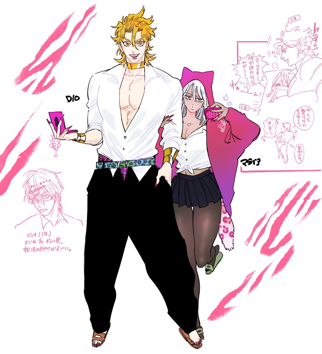 dio brando, mariah (jojo), jojo no kimyou na bouken, stardust crusaders, 1boy, 1girl, alternate costume, animal ear hood, animal ears, animal print, blonde hair, cat ears, cellphone, fake animal ears, fingernails, full body, hand in pocket, hood, leopard print, llllll2b, long fingernails, long hair, medium hair, midriff, miniskirt, navel, open mouth, pantyhose, pectoral cleavage, pectorals, phone, pink nails, skirt, smartphone, standing, tan, white hair, yellow eyes