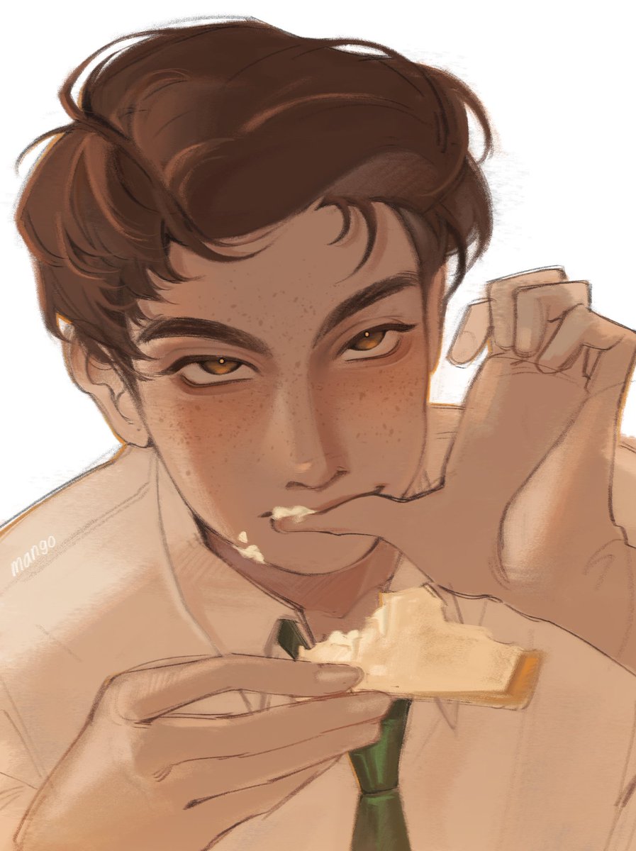 sebastian sallow, hogwarts legacy, wizarding world, highres, 1boy, brown eyes, brown hair, collared shirt, eating, finger in own mouth, food, food on face, freckles, green necktie, holding, holding food, looking at another, male focus, mangowzz, necktie, shirt, short hair, solo, swept bangs, thumb sucking, upper body, white background, white shirt