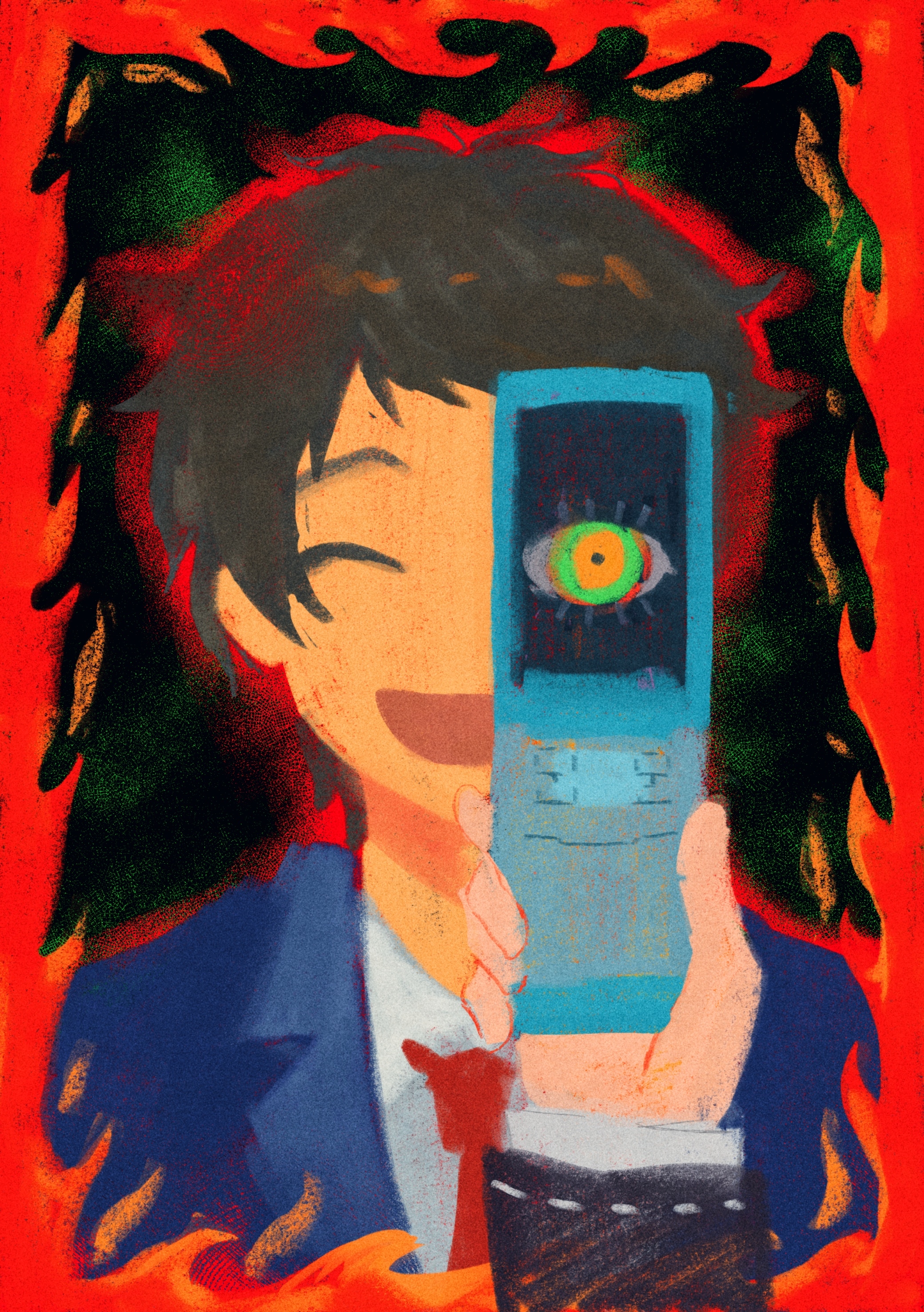 nailtoo, adachi tooru, persona, persona 4, absurdres, chinese commentary, commentary request, highres, 1boy, black background, black hair, border, cellphone, closed eyes, facing viewer, flip phone, formal clothes, green eyes, holding, holding phone, male focus, necktie, one eye covered, open mouth, orange eyes, out of frame, phone, portrait, red border, red necktie, short hair, simple background, smile, suit