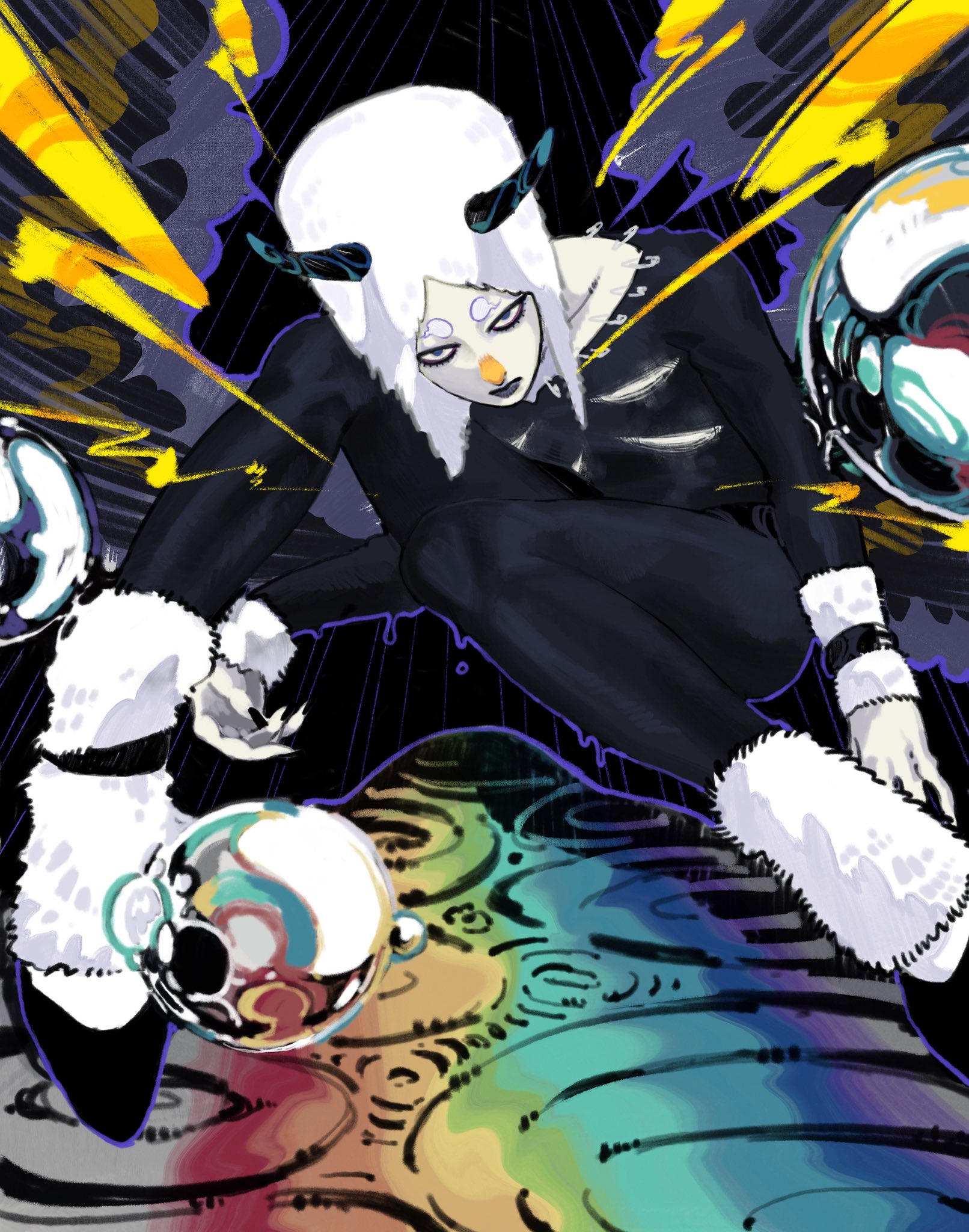 weather report, jojo no kimyou na bouken, stone ocean, highres, 1boy, black bodysuit, bodysuit, bubble, fur-trimmed bodysuit, fur hat, hat, horned hat, llllll2b, male focus, pale skin, solo, white hat