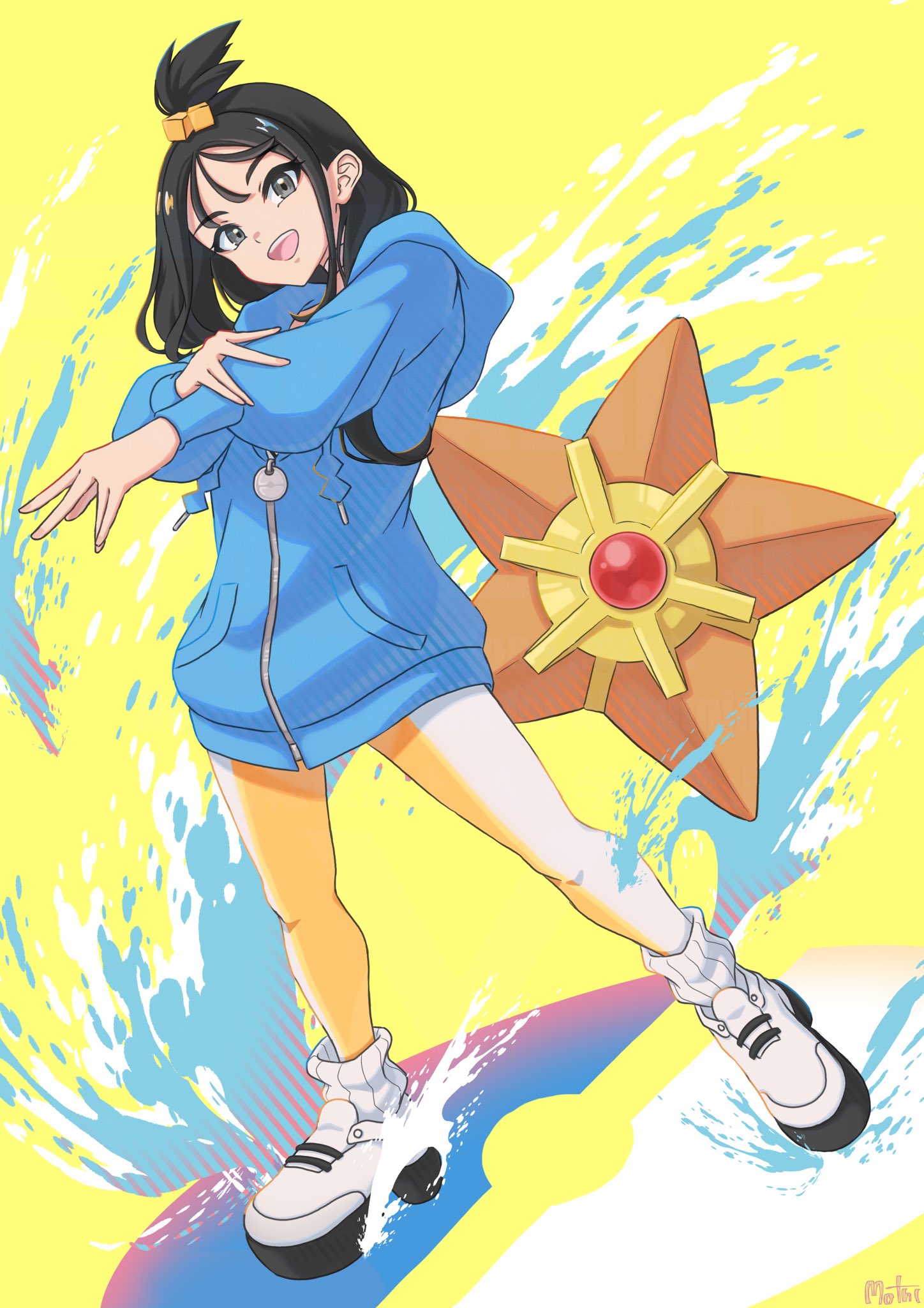 mochitaro (mothitaroo), lida (pokemon), staryu, nintendo, pokemon, pokemon legends: z-a, highres, 1girl, black hair, blue hoodie, cube hair ornament, gen 1 pokemon, grey eyes, hair ornament, hood, hood down, hoodie, leggings, long hair, long sleeves, looking at viewer, open mouth, orange leggings, pokemon (creature), ribbed socks, shirt, shoes, smile, socks, teeth, topknot, two-tone legwear, upper teeth only, white leggings, white socks, wispy bangs