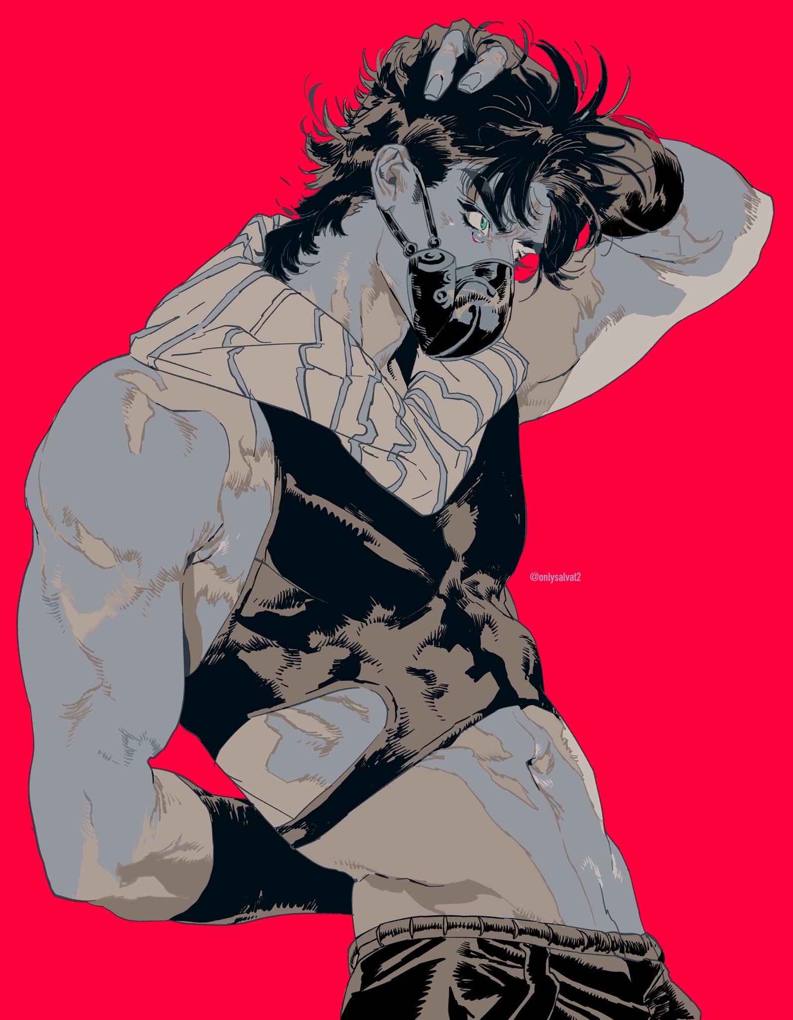 mgong520, joseph joestar, joseph joestar (young), battle tendency, jojo no kimyou na bouken, highres, black gloves, blue eyes, crop top, fingerless gloves, gloves, mask, midriff, navel, red background, respirator, scarf, short hair, striped clothes, striped scarf, toned, toned male, upper body