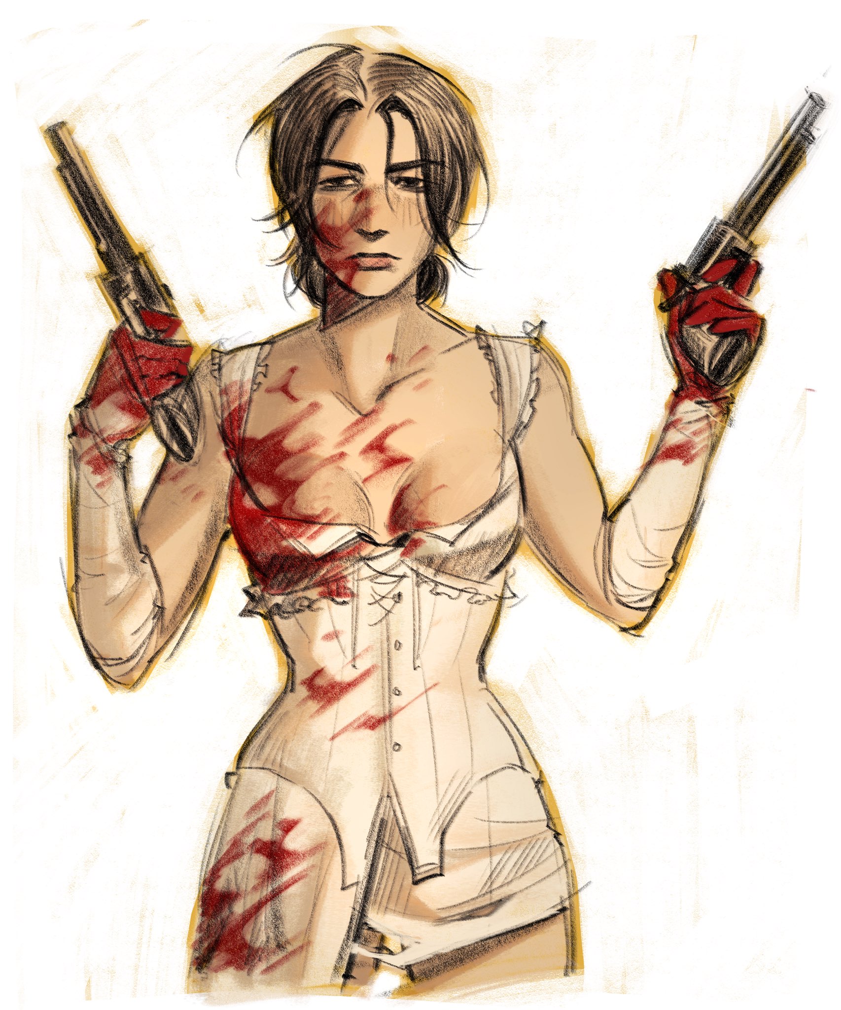 abigail marston, red dead redemption (series), red dead redemption 2, highres, 1girl, bare shoulders, black hair, blood, blood on breasts, blood on clothes, blood on face, blood on hands, breasts, bustier, cleavage, closed mouth, cowboy shot, dual wielding, gloves, gun, hair bun, handgun, holding, holding gun, holding weapon, mangowzz, medium breasts, medium hair, parted bangs, solo, underwear, weapon, white background, white bustier, white gloves